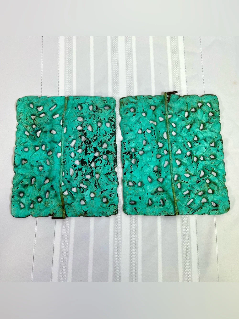 VTG Turquoise Cast Iron Trivet Set Of 2 Mid Century Brutalist Metal Retro Boho